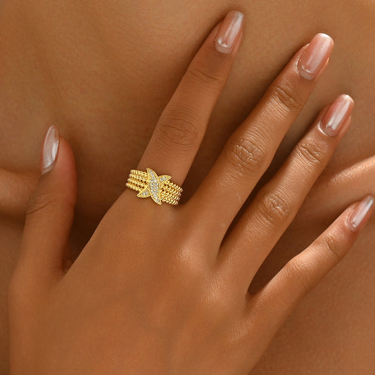 Minimalist Geometric Letter Open Ring for Women in Copper with Zircon Inlay