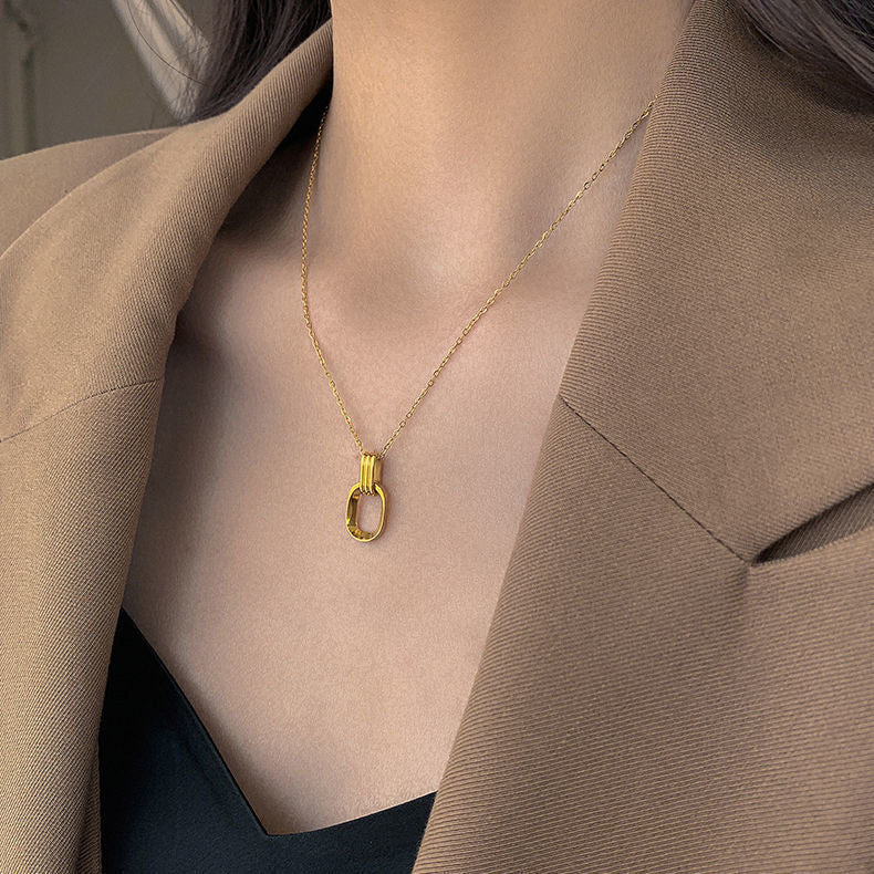 Minimalist Geometric Double Ring Necklace for Women Titanium Steel Plated Clavicle Chain with Irregular Design
