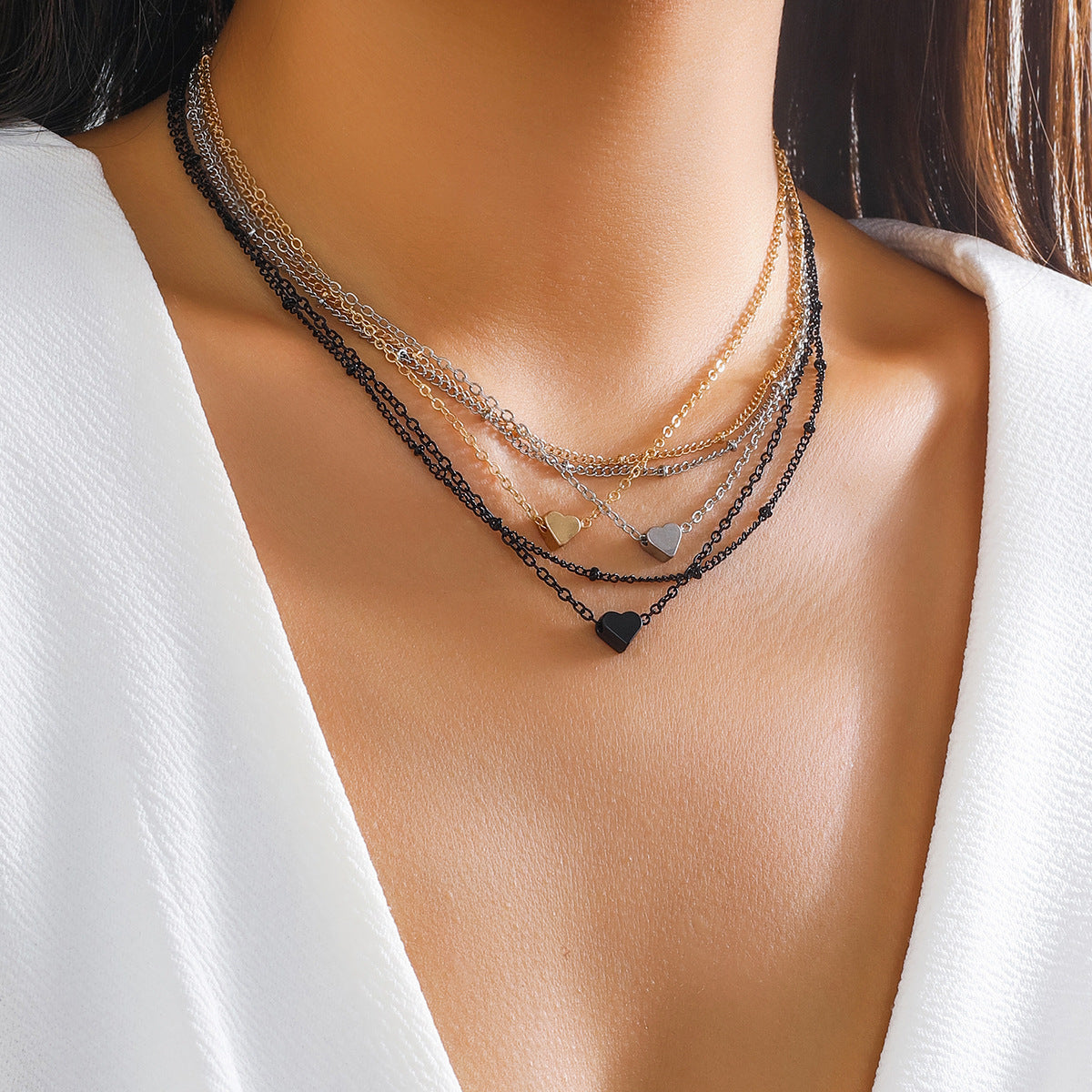 Punk Style Heart and Geometric Shape Alloy Pendant Necklace with Plated Finish and Beaded Chain for Women