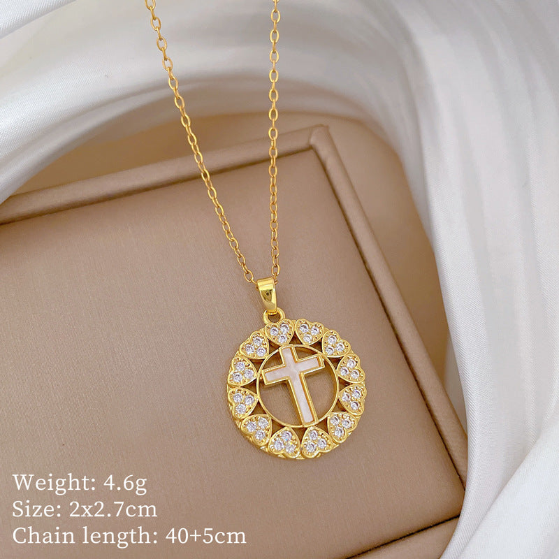 Sweet Minimalist Cross Micro-Inlaid Cubic Zirconia Brass Pendant Titanium Steel Necklace for Unisex
