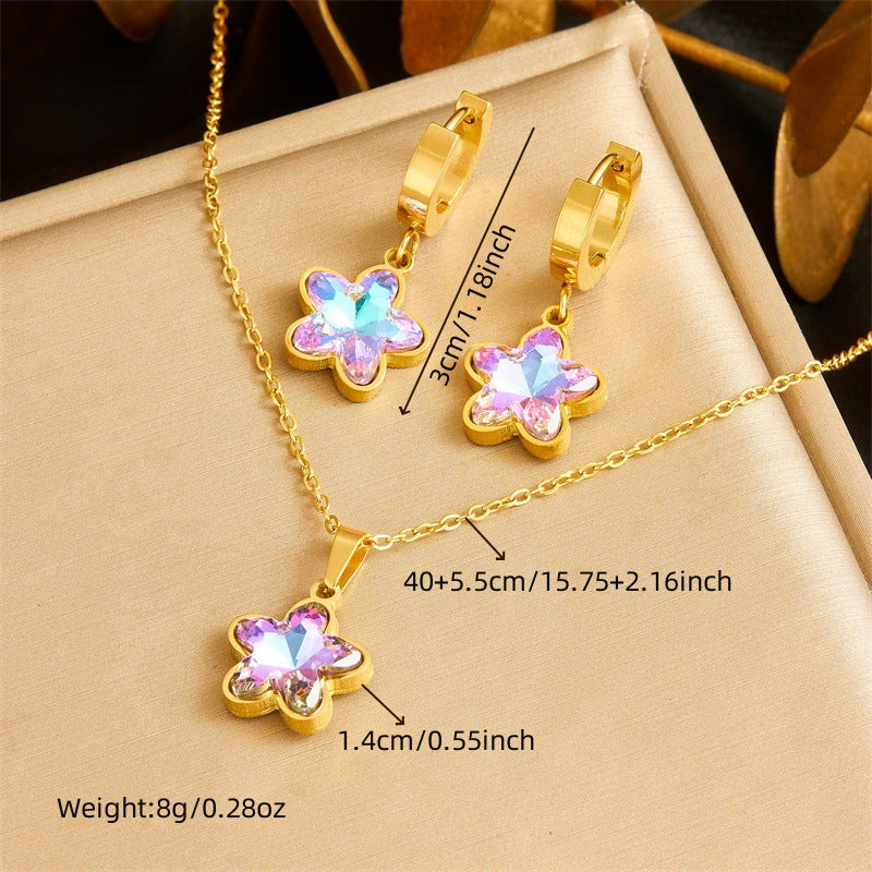 Set di collana con pendente a fiore e orecchini in acciaio inossidabile placcato oro, stile business casual alla moda