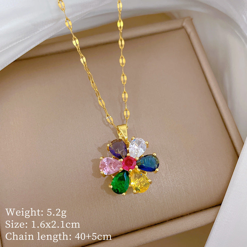 Sweet Elegant Geometric Floral Rhinestone Plated Titanium Steel Necklace with Brass Pendant for Unisex