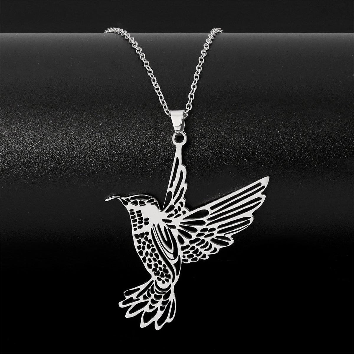 Elegant Hummingbird Pendant Necklace in Stainless Steel with Polished Finish, Geometric Silhouette, Floral Daisy Accent, Minimalist and Feminine Style