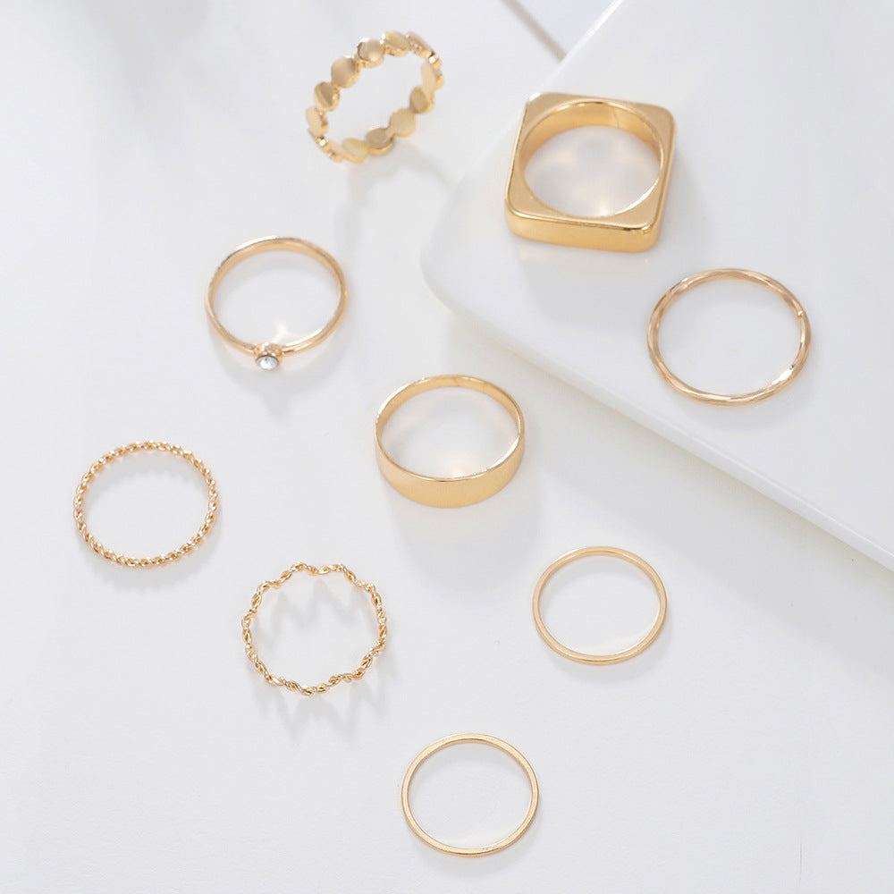 Geometric Rhinestone Inlay Plated Alloy Ring Set for Women