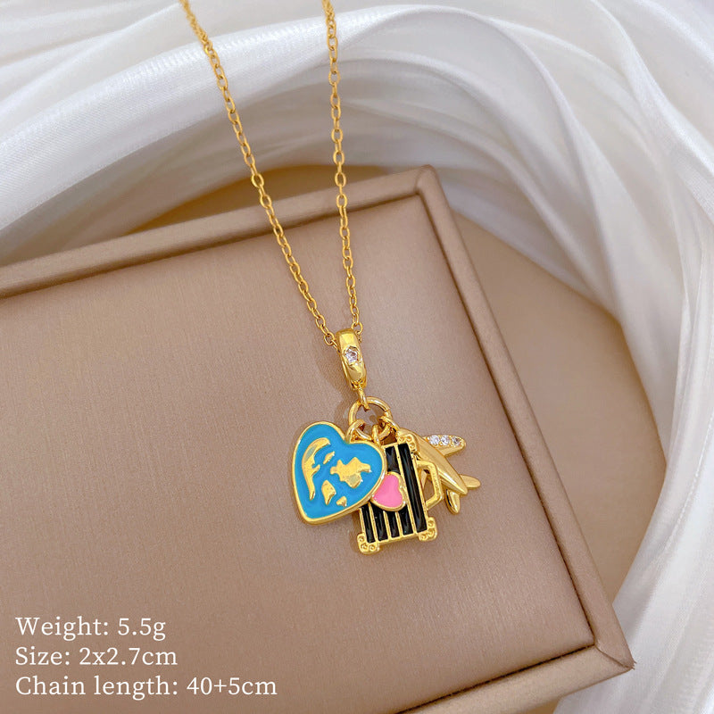 Collar de Acero de Titanio Esmaltado con Forma de Corazón Estilo Caricatura para Mujer con Detalles Completos de Diamantes de Imitación y Delicada Cadena para Clavícula