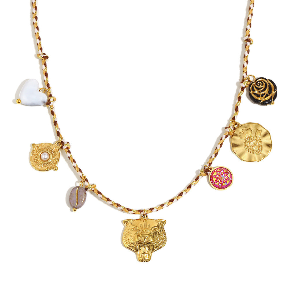 Luxury Minimalist Leopard Head Pendant Necklace with Stainless Steel Chain, 18K Gold Plated, Pearl and Heart-Shaped Charm, Colorful Cord Accent