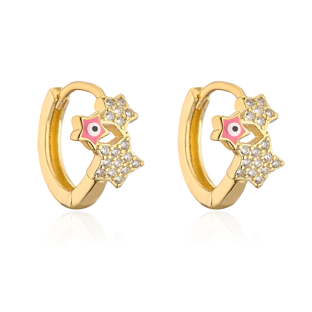 Fashionable Geometric Star-Shaped Copper Earrings with Gold Plating and Enamel Eye Detail for Women
