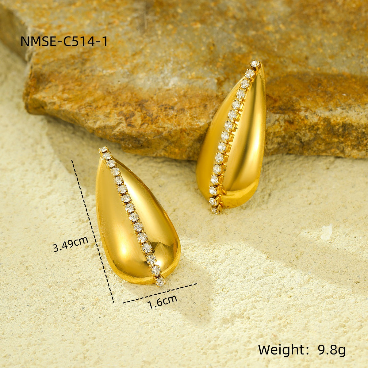 Pendientes de mujer de acero inoxidable con formas geométricas, baño de oro de 18K y incrustaciones de diamantes de imitación