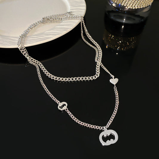 Streetwear Silver Plated Geometric Hollow Pendant Titanium Steel Double Layer Necklace