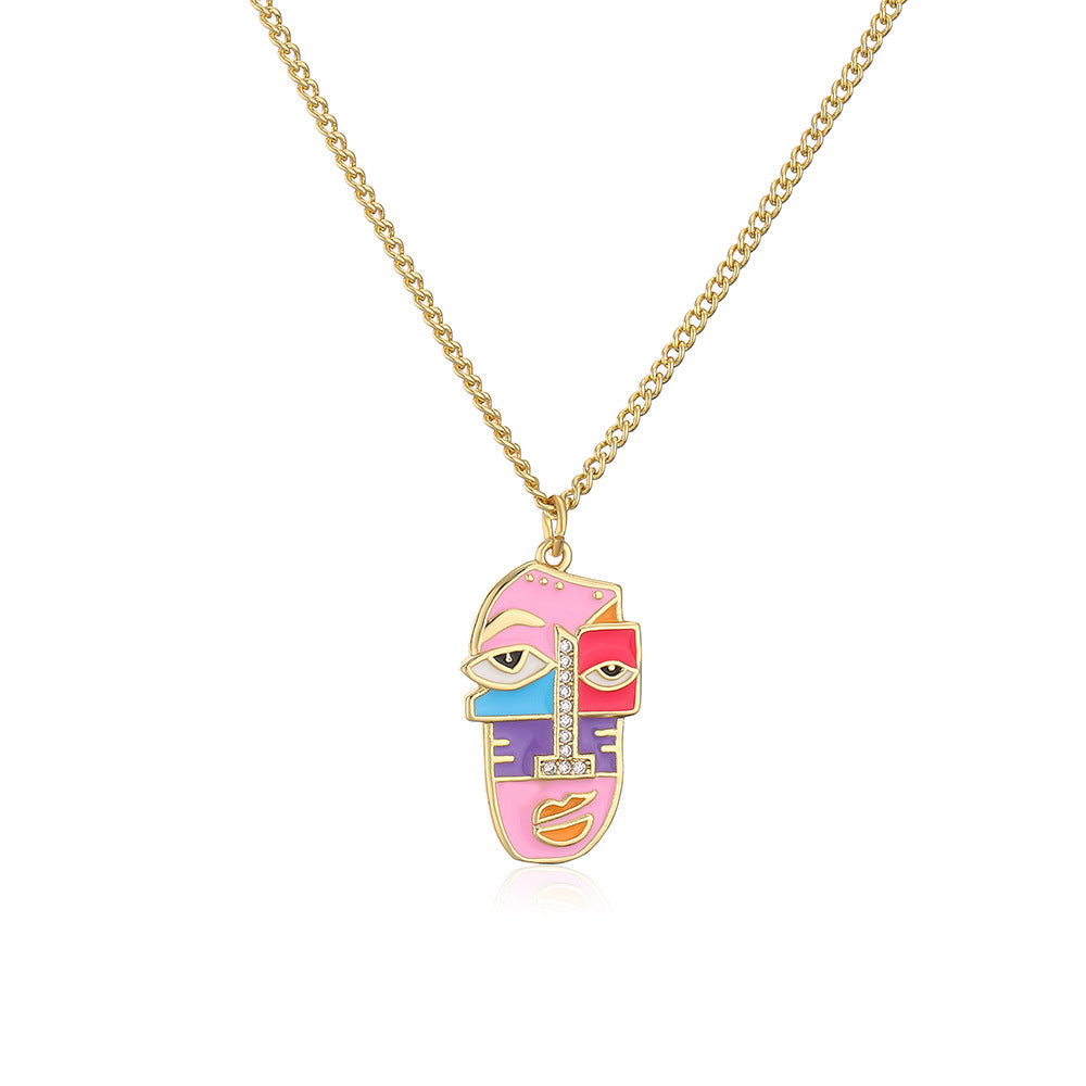 Abstract Face Pendant Necklace for Women in Copper with 18K Gold Plating Rhinestone Inlay and Enamel Finish