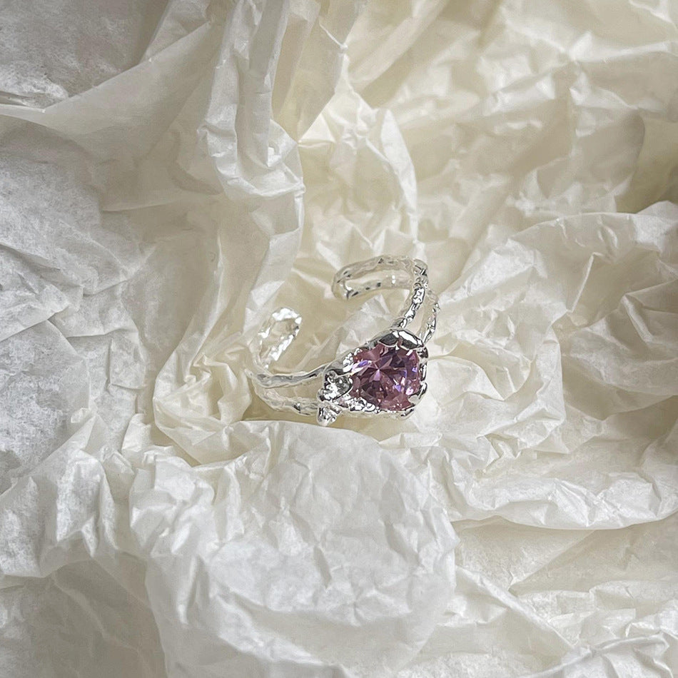 Minimalist Irregular Heart-Shaped Pink Zirconia-Set S925 Sterling Silver Open Ring with Textured Surface
