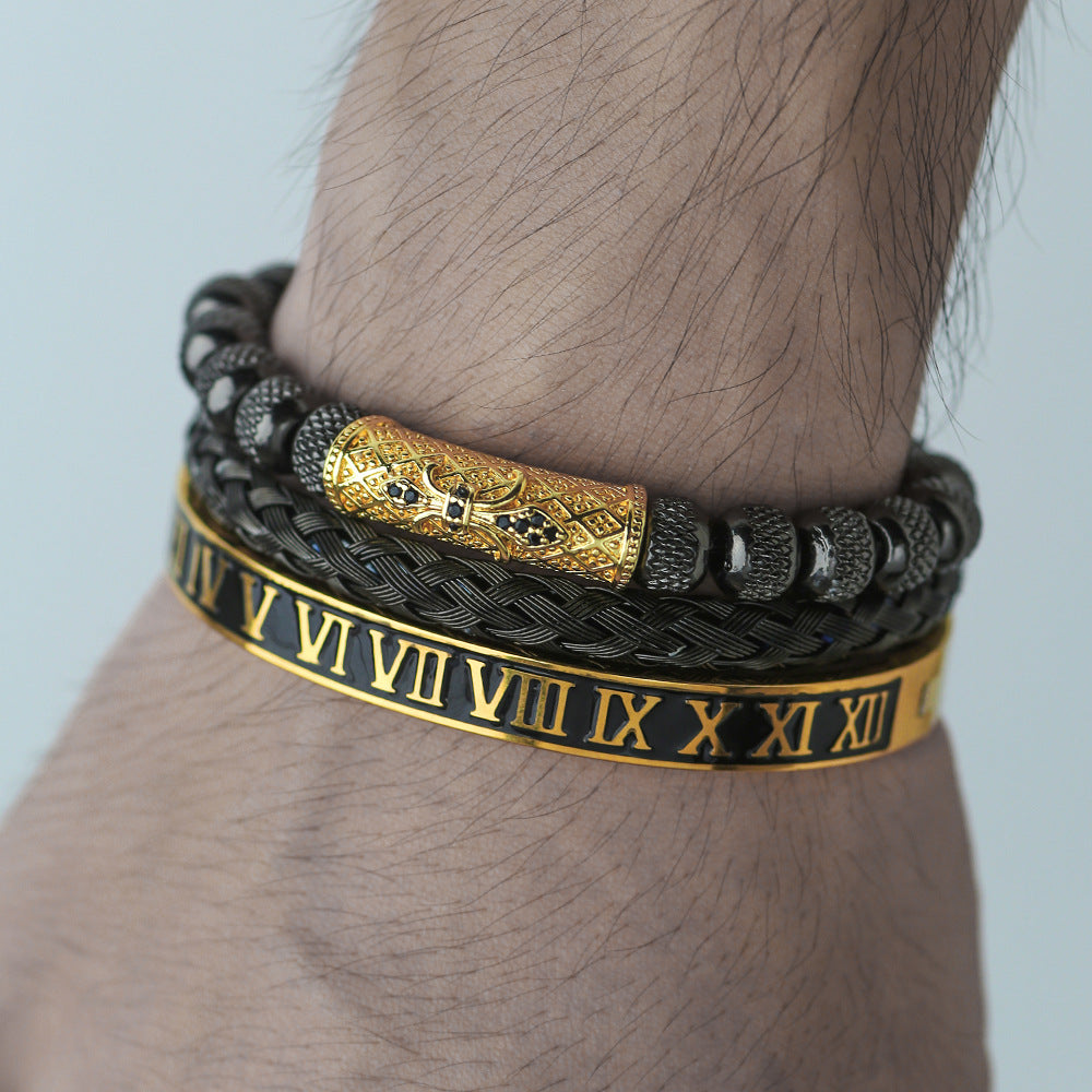 Vintage Geometric Letter Woven Stainless Steel Bracelet with Cubic Zirconia and Drip Oil