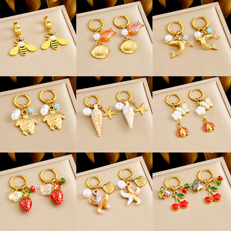 Sweet Stainless Steel Drip Oil Plated Butterfly Fruit Drop Earrings