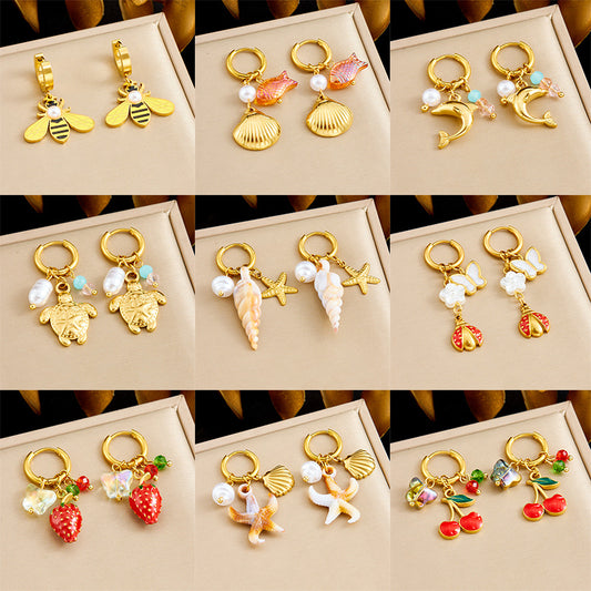 Sweet Stainless Steel Drip Oil Plated Butterfly Fruit Drop Earrings