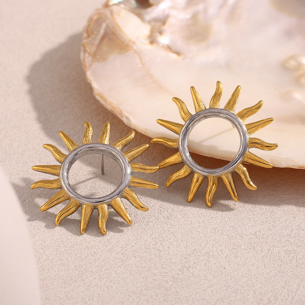 Orecchini a perno da donna geometrici a forma di sole vintage, in acciaio inossidabile placcato oro 18 carati, alla moda