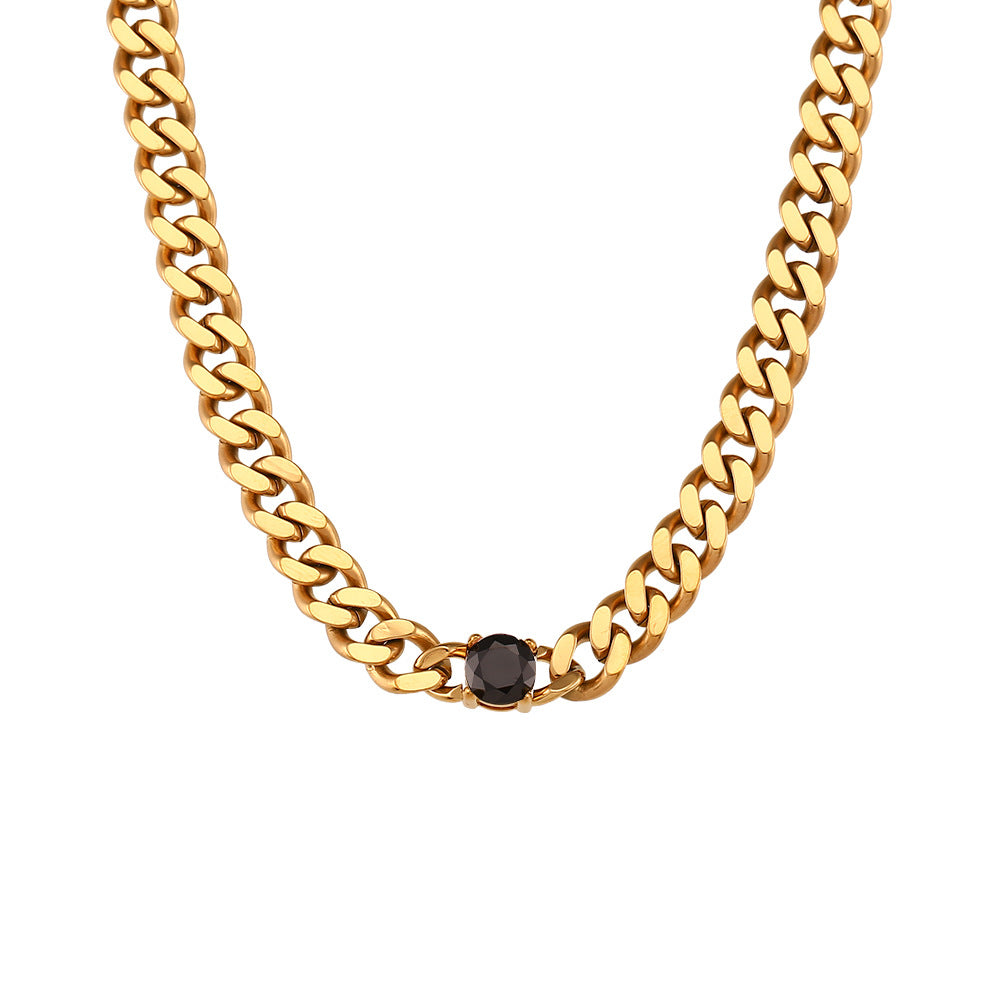 Fashion Geometric 18K Gold Plated Stainless Steel Cuban Chain Necklace with Round Zircon for Women