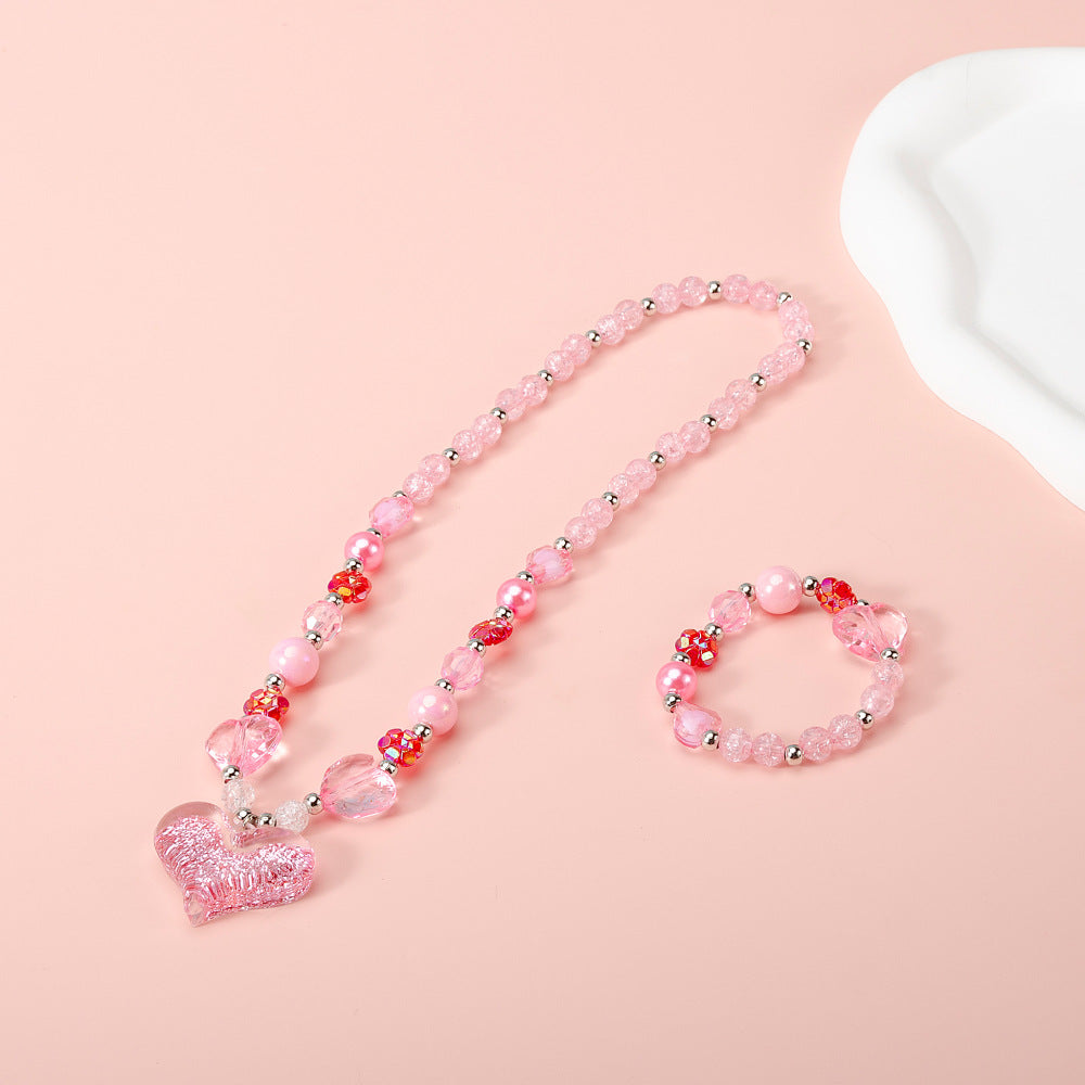 Graziosa collana a cuore per bambini, set in resina con ciondolo in acrilico e catena a perline tonde