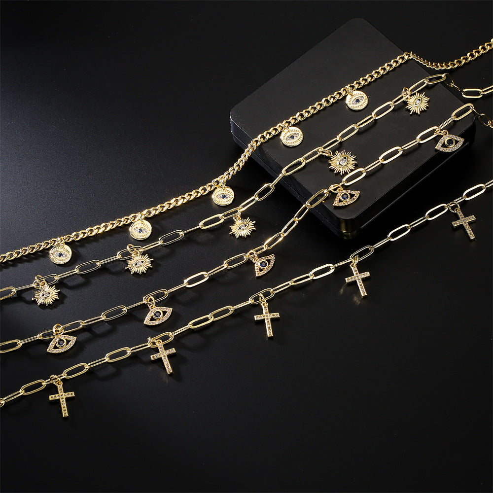 Geometric Gold Plated Brass Evil Eye Pendant Necklace for Women