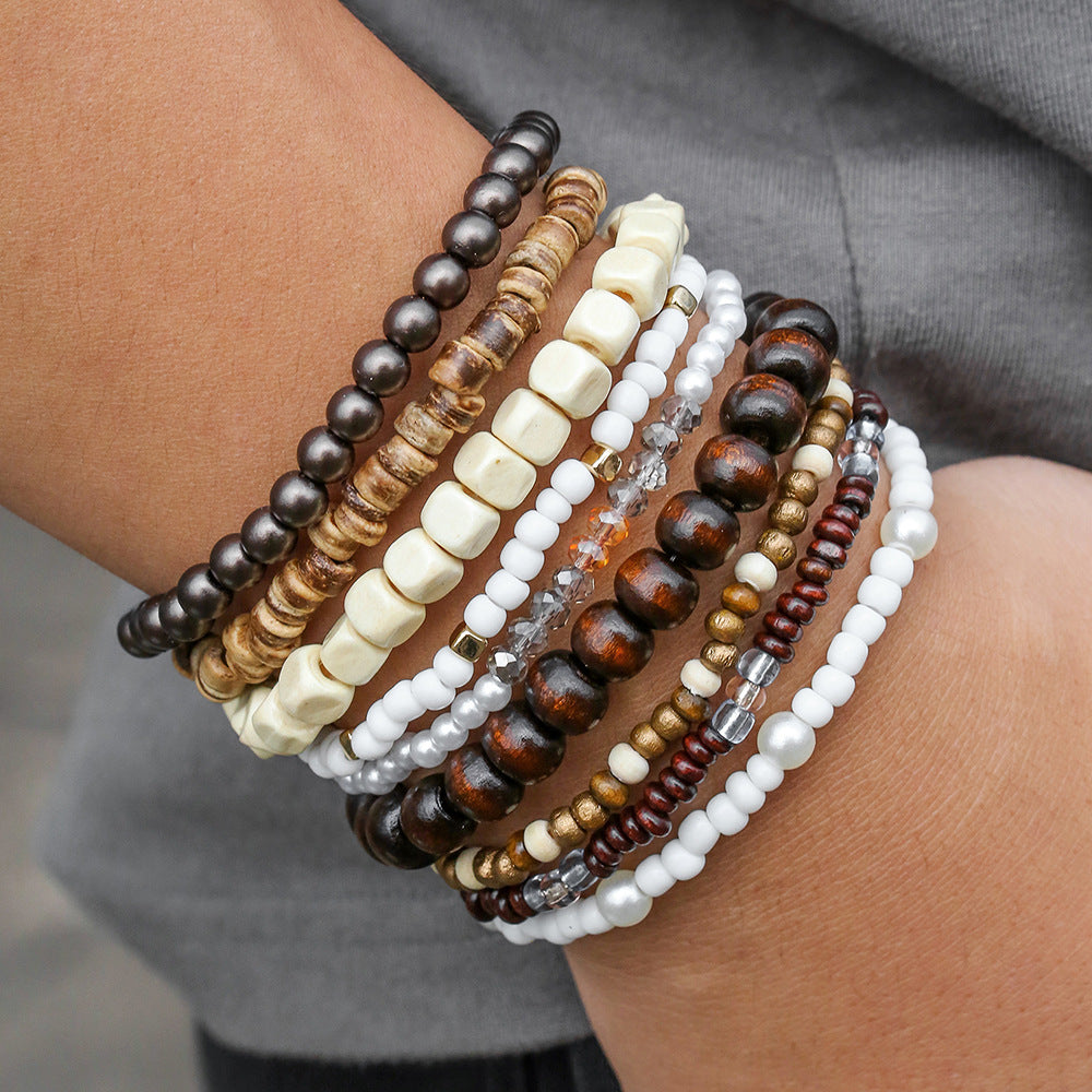 Bohemian Round Wood Bead Bracelet with Imitation Pearl and Crystal Inlay for Unisex
