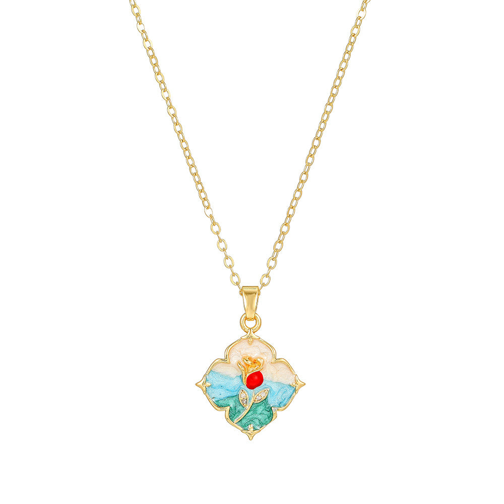 Elegant Drip Oil Floral Brass Gold Plated Necklace with Cubic Zirconia Inlay Cable Chain