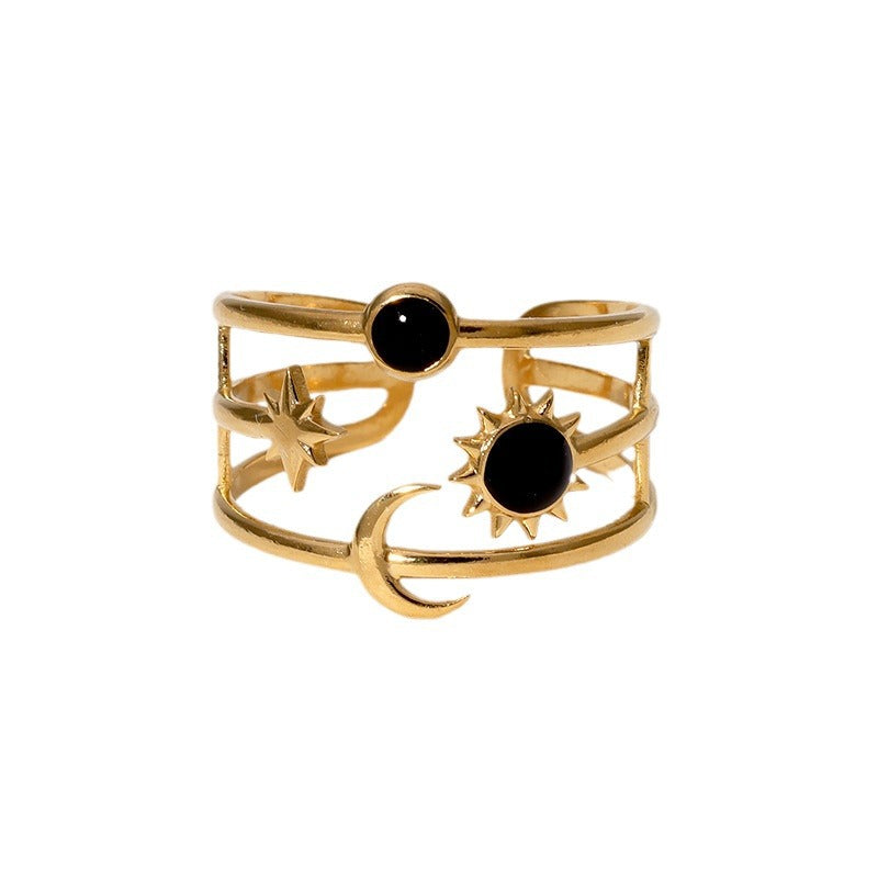 Anello da dito regolabile a forma di stella, sole e luna da donna in acciaio inossidabile con finitura placcata, design minimalista e unico