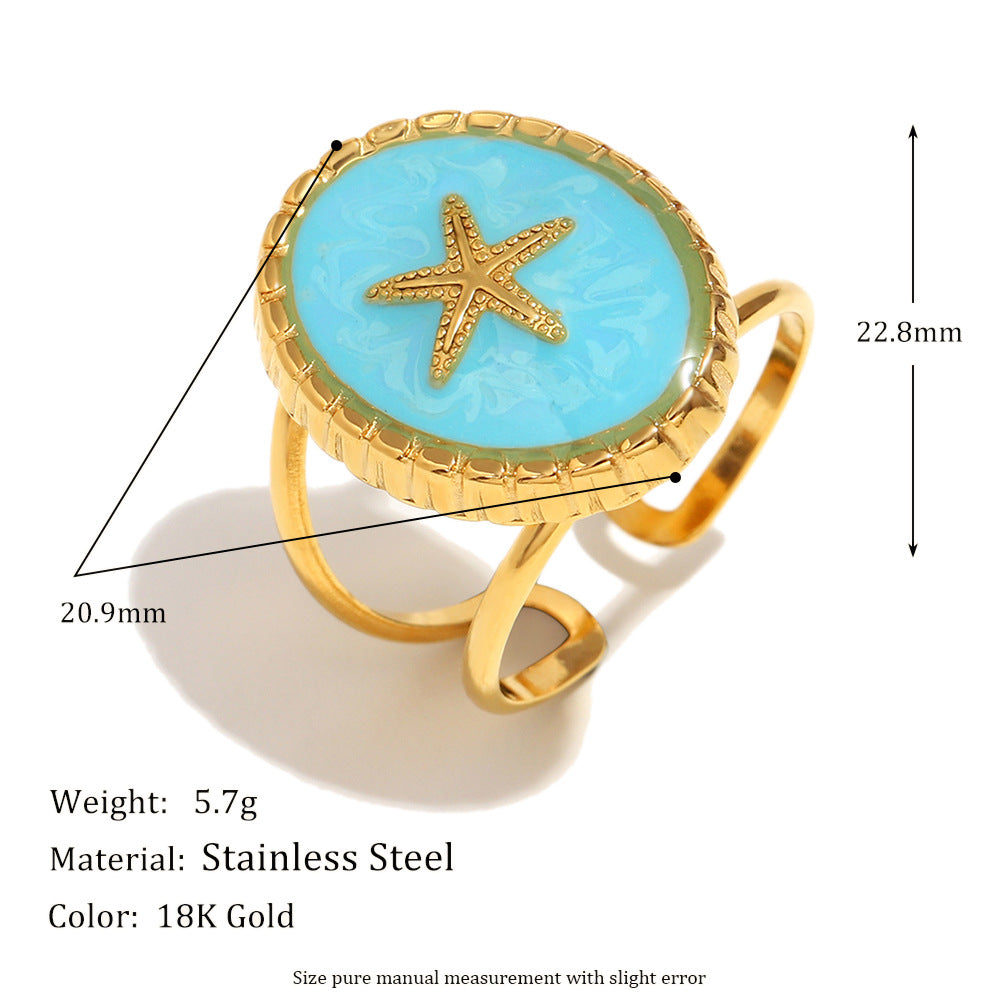 Fashion Geometric Stainless Steel Ring with 18K Gold Plating Featuring Crossed Lines Fishbone Floral Crab and Turtle Motifs