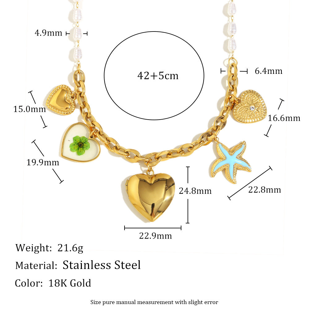 Minimalist Luxury Heart Geometric Stainless Steel 18K Gold Plated Pearl Locket Charm Bar Necklace for Women