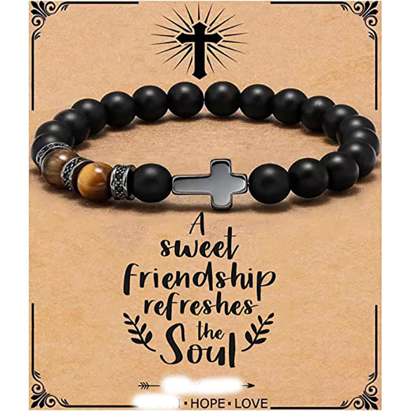 Minimalist Matte Black Beaded Bracelet with Small Cross Pendant Unisex Gift