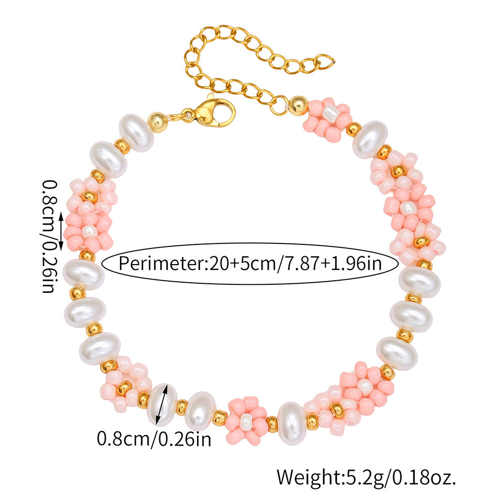 Vintage Handmade Geometric Floral Glass Bead and Pearl Bracelet for Women
