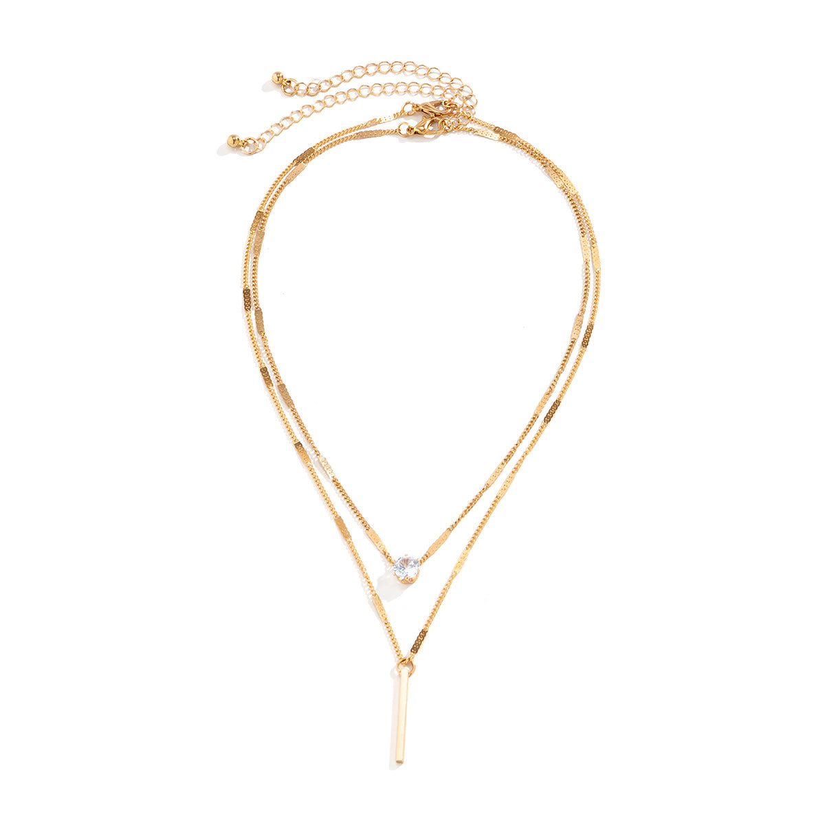 Minimalist Double-Layer Water-Drop-Shaped Necklace for Women with Electroplated Metal Bar and Micro-Paved Heart Pendant on O-Chain
