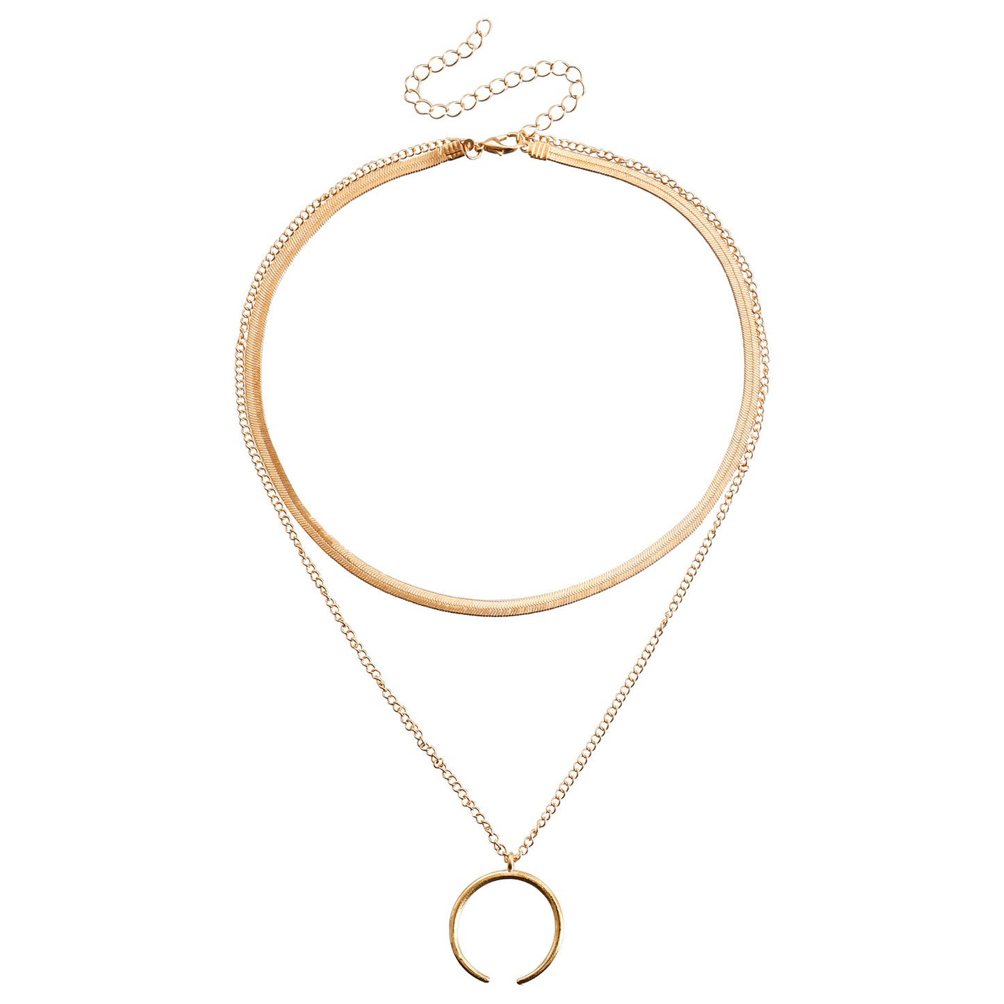Minimalist Crescent Moon Pendant Necklace for Women with Plated Metal Double-Layer Flat Snake Chain