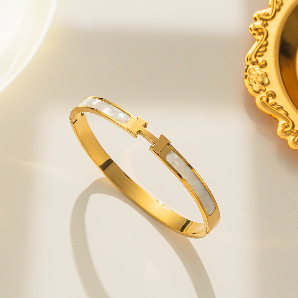 Minimalist H-Shaped Titanium Steel Bracelet for Women with Inlay Detailing, Fashionable and Trendy Hand Jewelry