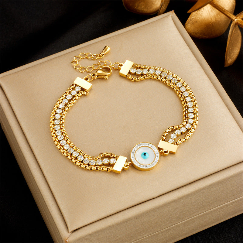 Vintage-Style Butterfly-Shaped Stainless Steel Bracelet with Rhinestone Inlay and Multi-Layer Chain Design for Women