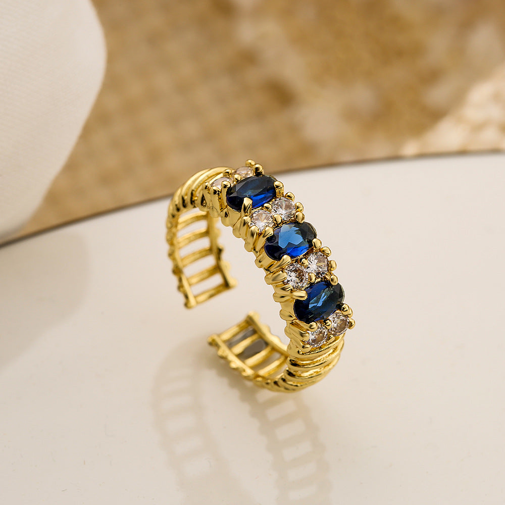 Geometric Open Ring for Women in Copper with 18K Gold Plating and Zircon Inlay, Minimalist Luxury Fashion Accessory