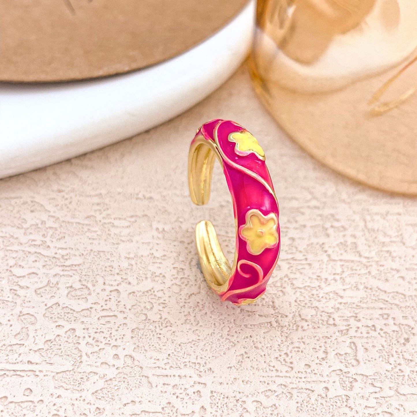 Sweet Floral Enamel Plated Alloy Ring for Women