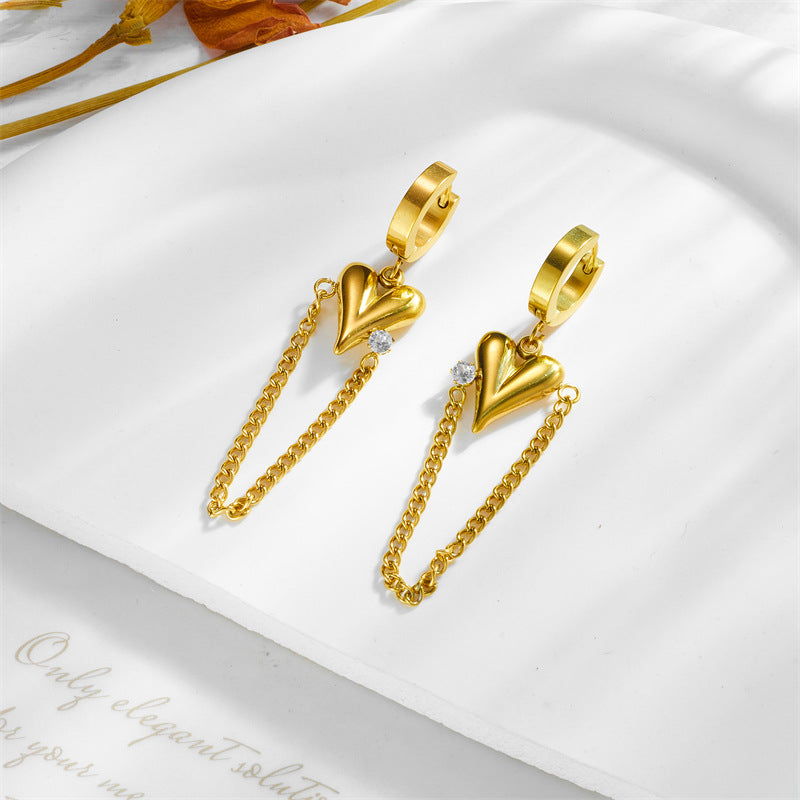 Pendientes de cadena larga de acero de titanio chapados en oro con forma de corazón y adornos de diamantes de imitación, minimalistas y elegantes para mujer