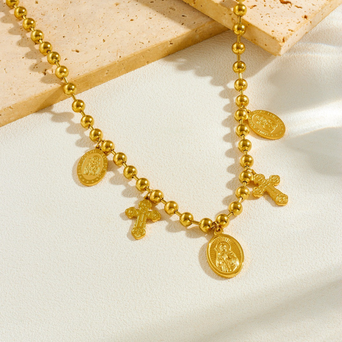 Vintage Gold Plated Stainless Steel Oval Cross Portrait Pendant Ball Chain Necklace