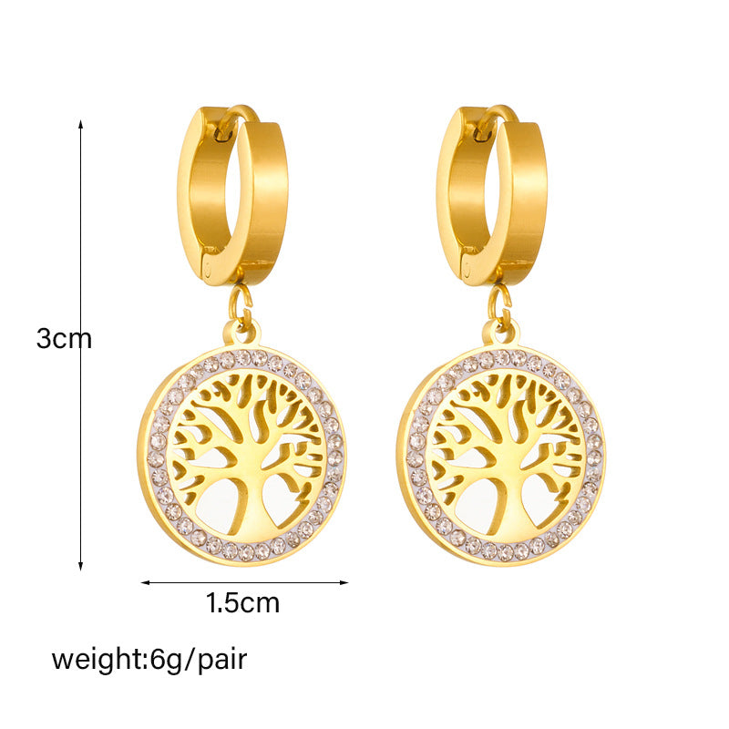 Pendientes Minimalistas Redondos Geométricos Árbol de la Vida Vintage de Acero de Titanio con Incrustaciones de Diamantes de Imitación para Mujer