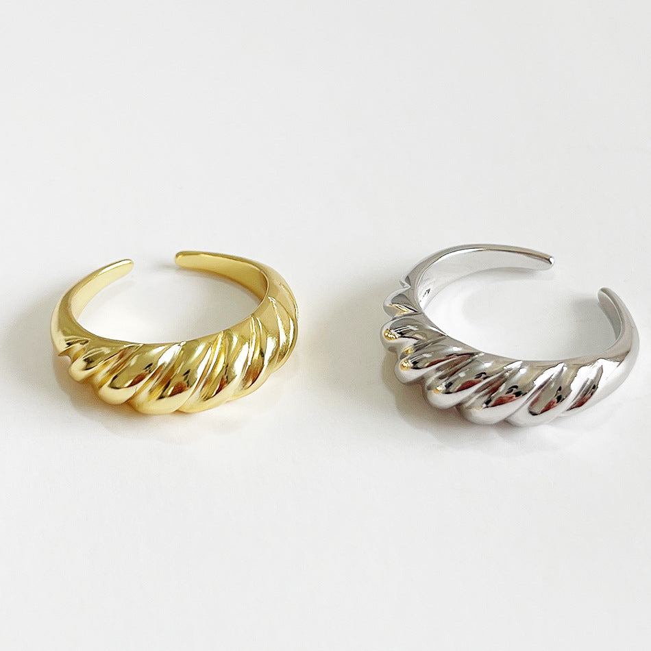 French Style Minimalist 925 Sterling Silver Geometric Rope Chain Wide Band Ring for Women