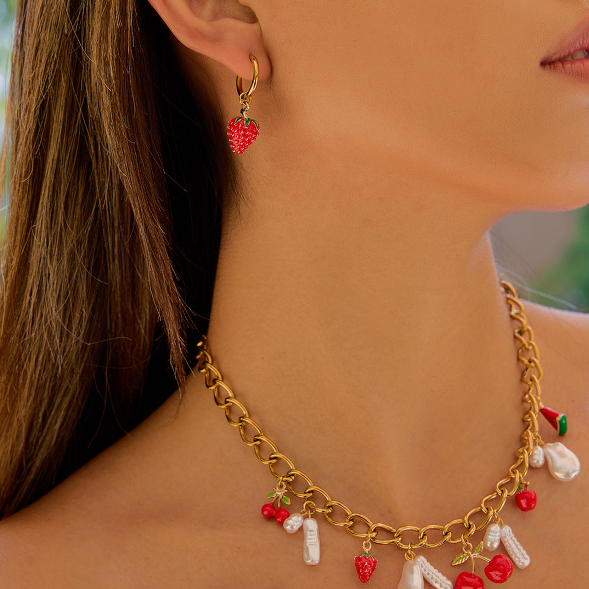 Elegant Titanium Steel Pearl Cherry Necklace Bracelet Set for Women