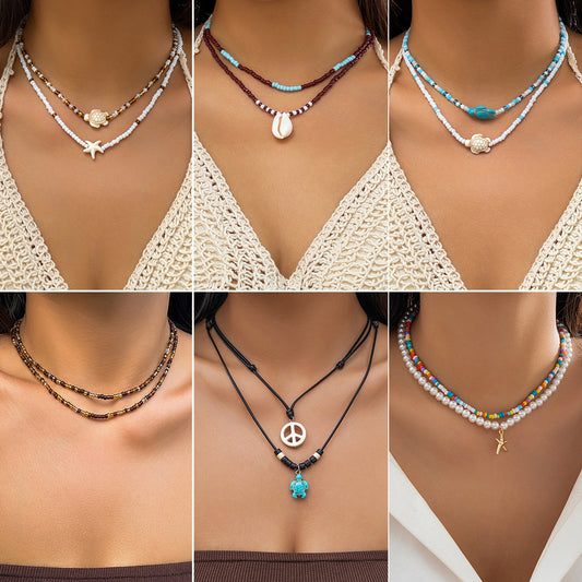 Collar de acrílico con forma de estrella y conchas marinas con detalle de borla estilo vacaciones para mujer