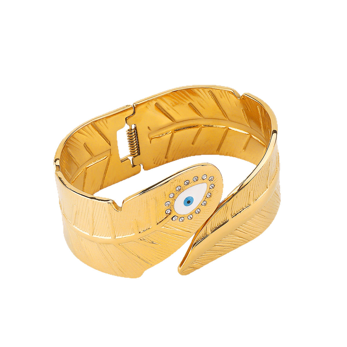 Bracciale largo in acciaio inossidabile con motivo a foglia e chiusura a molla per donna