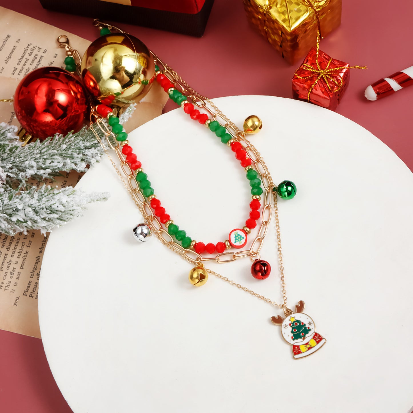 Festive Christmas Tree Pendant Necklace with Jingle Bells Charm Alloy Choker for Women