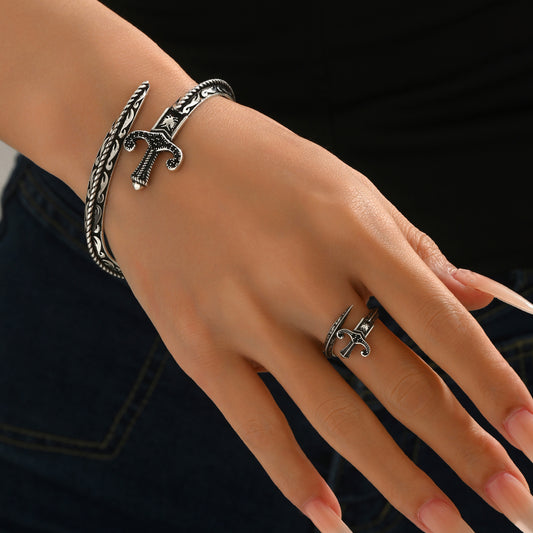 Vintage Style Cross Pendant and Bracelet Ring Set in Alloy with Plated Finish for Women