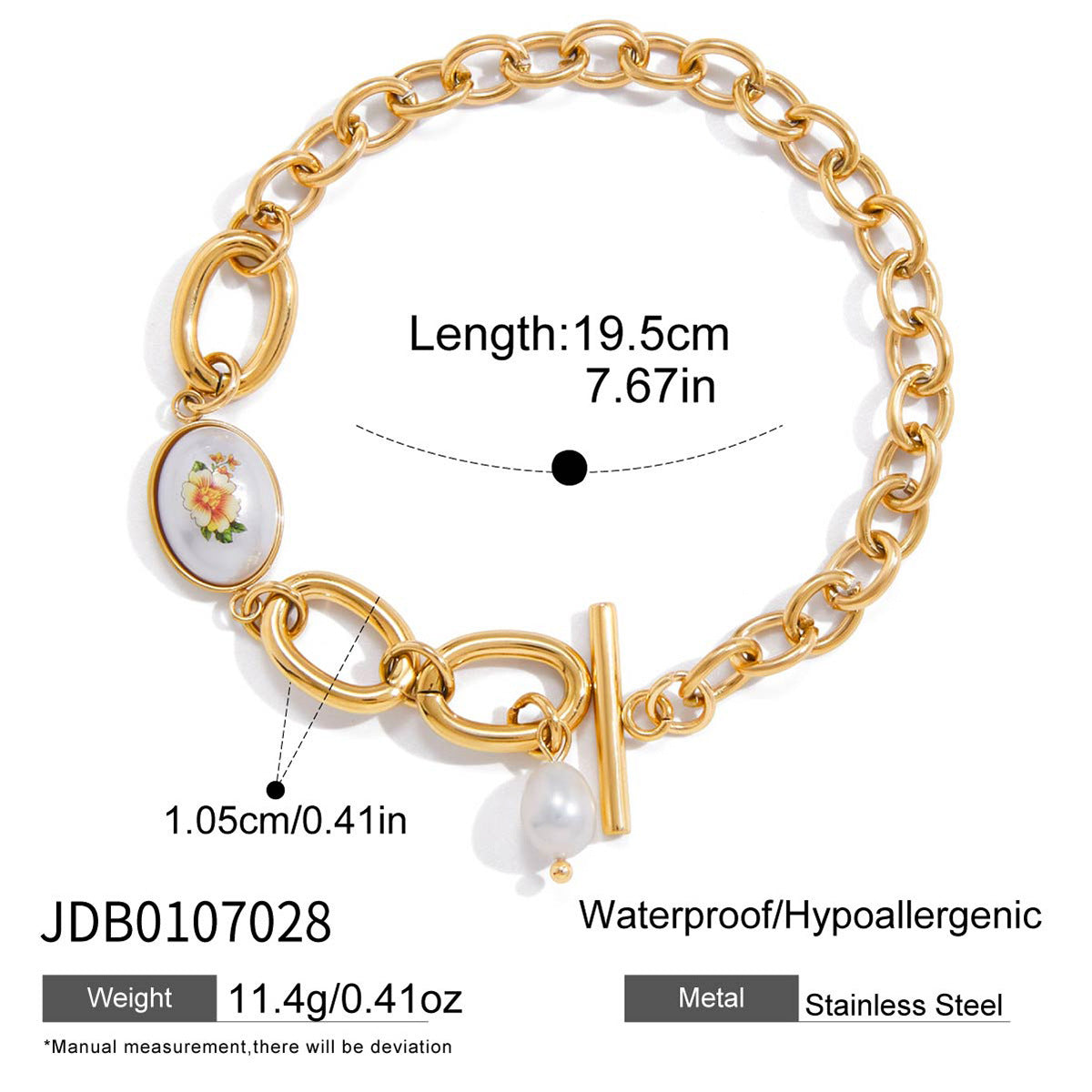 Elegante bracciale geometrico in acciaio inossidabile con perle d'acqua dolce e placcatura in oro da donna