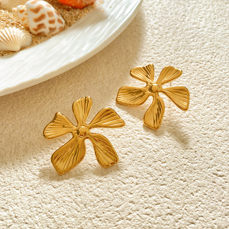 Sweet Sunflower Plant Brass Stud Earrings with Stainless Steel Posts