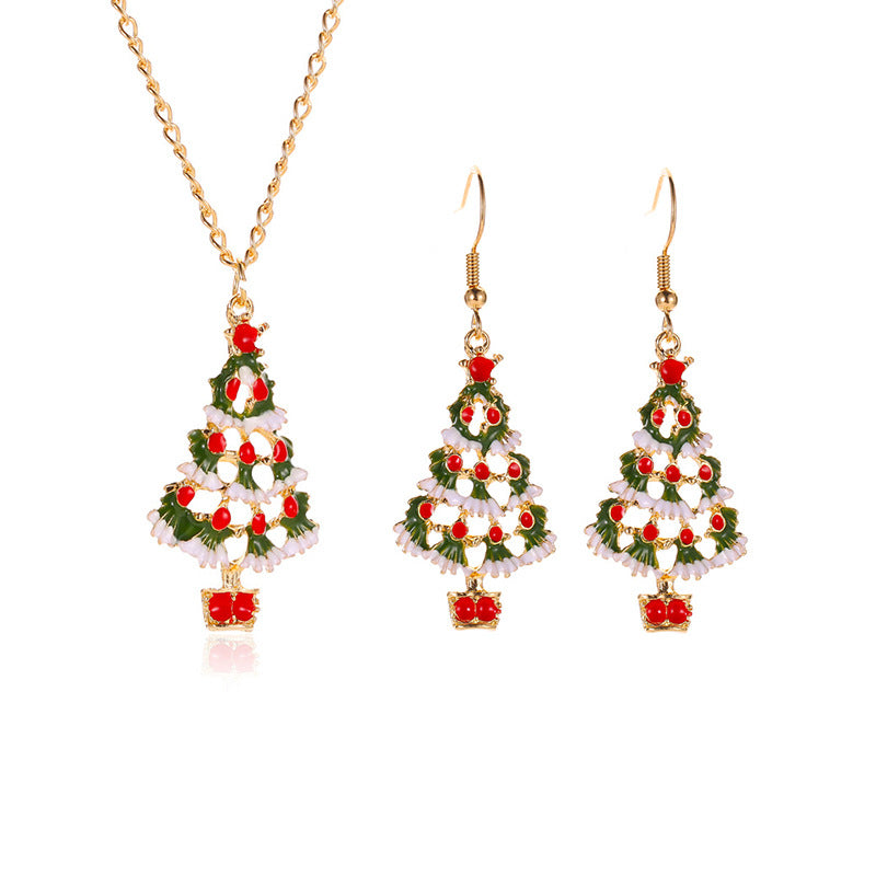 Set di orecchini e collana con albero di Natale in lega placcata alla moda e catena a croce