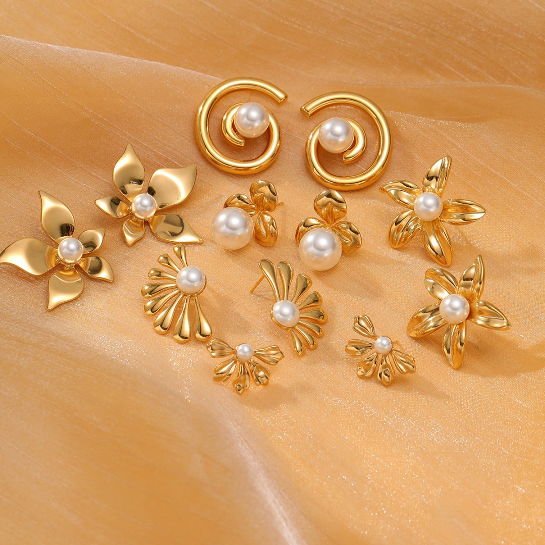 Minimalist Pearl Flower Stainless Steel Earrings with Plated Finish for Women