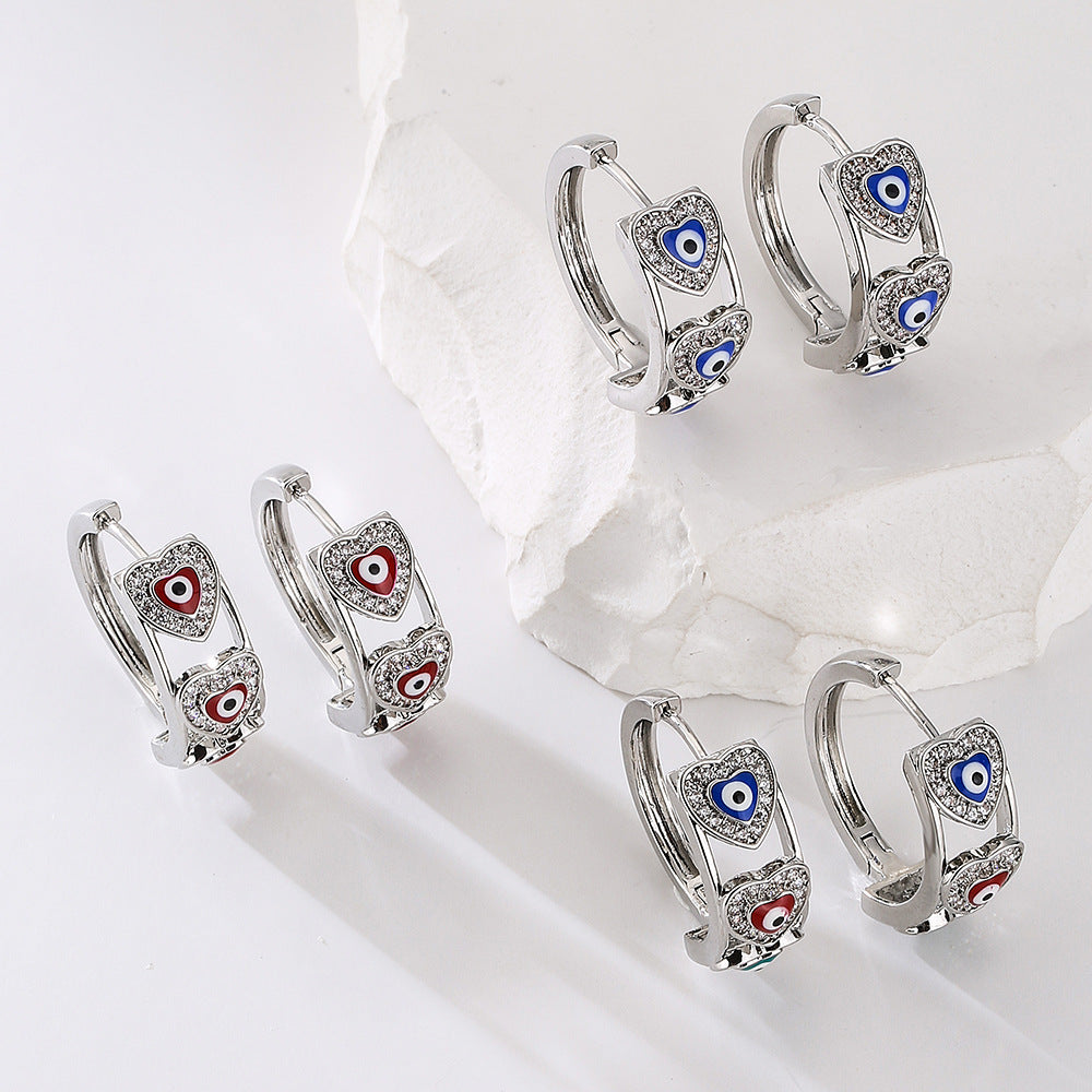 Orecchini da Donna a Cuore in Rame, alla Moda, con Micro-Incisione di Strass e Dettagli in Smalto