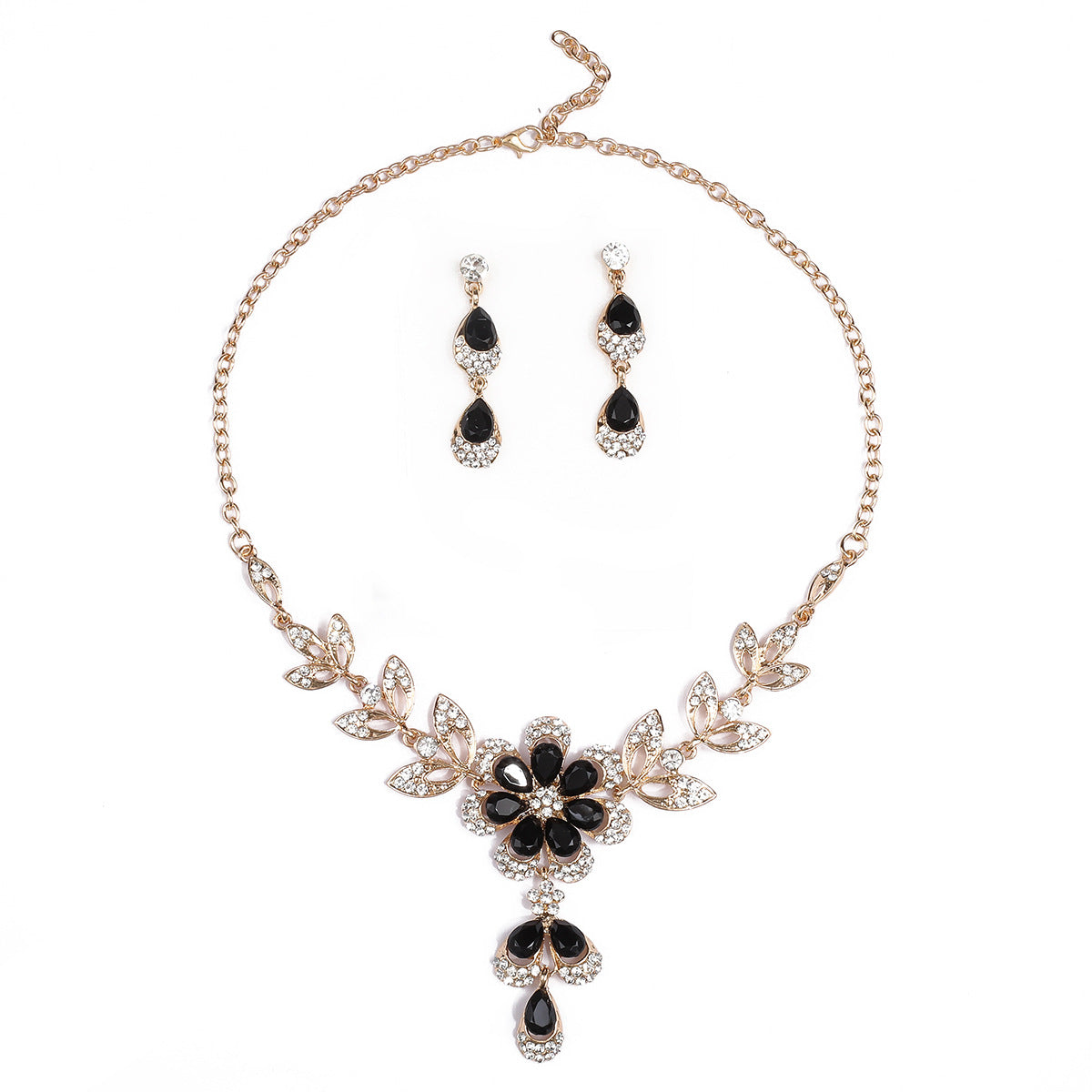 Conjunto de collar de aleación floral vintage con colgante, incrustaciones de diamantes de imitación y cadena de onda de agua para mujer